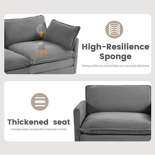 Alt view image 5 of 7 - 112'' Modular Sectional Cloud Couch with Movable Ottoman, 4 Seat Modern Corduroy Sofa with 2 Throw Pillows, Comfy Deep Seat L Shaped Couches for Living Room Bedroom Apartment, Dark Grey