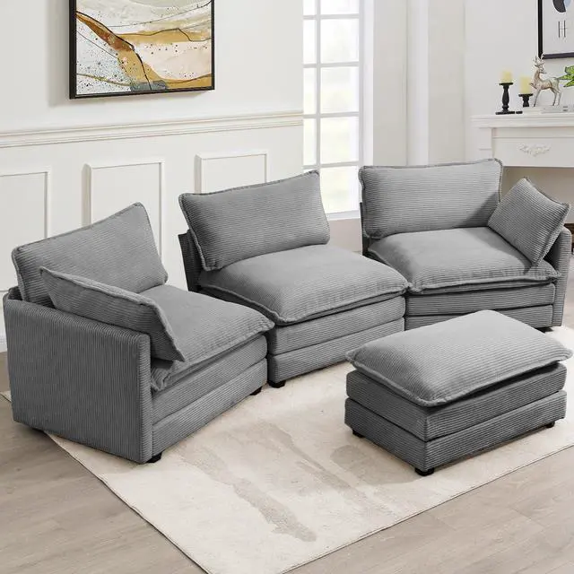 Alt view image 7 of 7 - 112'' Modular Sectional Cloud Couch with Movable Ottoman, 4 Seat Modern Corduroy Sofa with 2 Throw Pillows, Comfy Deep Seat L Shaped Couches for Living Room Bedroom Apartment, Dark Grey