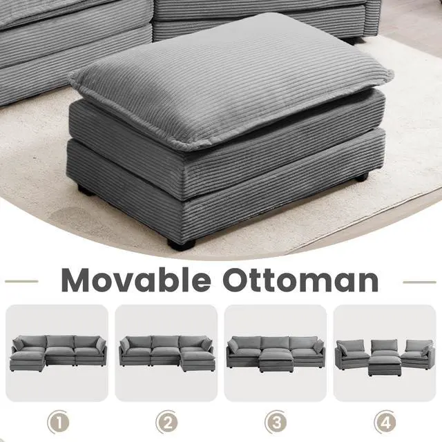 Alt view image 6 of 7 - 112'' Modular Sectional Cloud Couch with Movable Ottoman, 4 Seat Modern Corduroy Sofa with 2 Throw Pillows, Comfy Deep Seat L Shaped Couches for Living Room Bedroom Apartment, Dark Grey