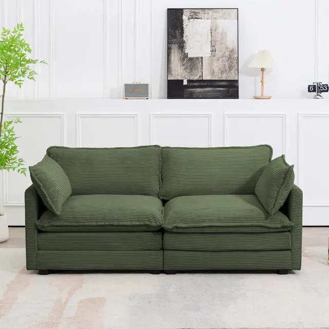 Main image of Sectional 2 Seat Cloud Loveseat with 2 Throw Pillows, Modern Corduroy Love Seat Sleeper Bed, Convertible Cozy Sofa for Living Room and Office, Green