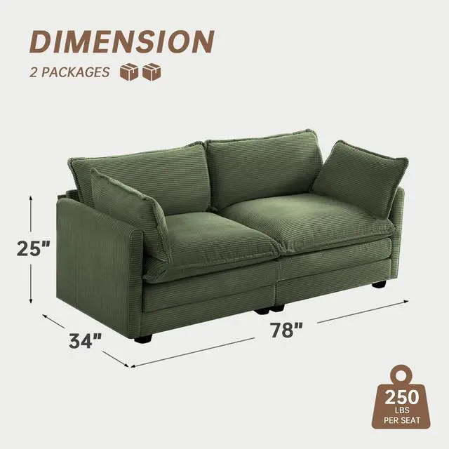 Alt view image 2 of 7 - Sectional 2 Seat Cloud Loveseat with 2 Throw Pillows, Modern Corduroy Love Seat Sleeper Bed, Convertible Cozy Sofa for Living Room and Office, Green