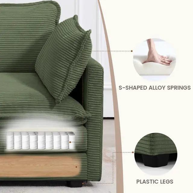 Alt view image 5 of 7 - Sectional 2 Seat Cloud Loveseat with 2 Throw Pillows, Modern Corduroy Love Seat Sleeper Bed, Convertible Cozy Sofa for Living Room and Office, Green