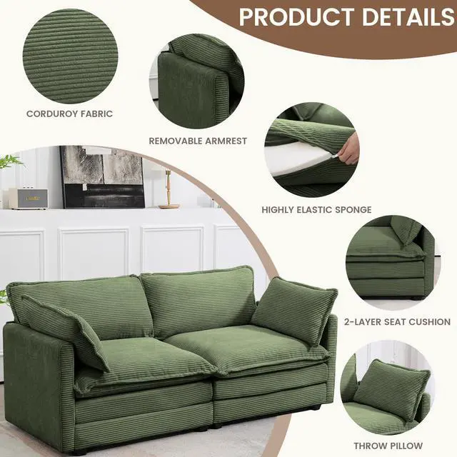 Alt view image 4 of 7 - Sectional 2 Seat Cloud Loveseat with 2 Throw Pillows, Modern Corduroy Love Seat Sleeper Bed, Convertible Cozy Sofa for Living Room and Office, Green