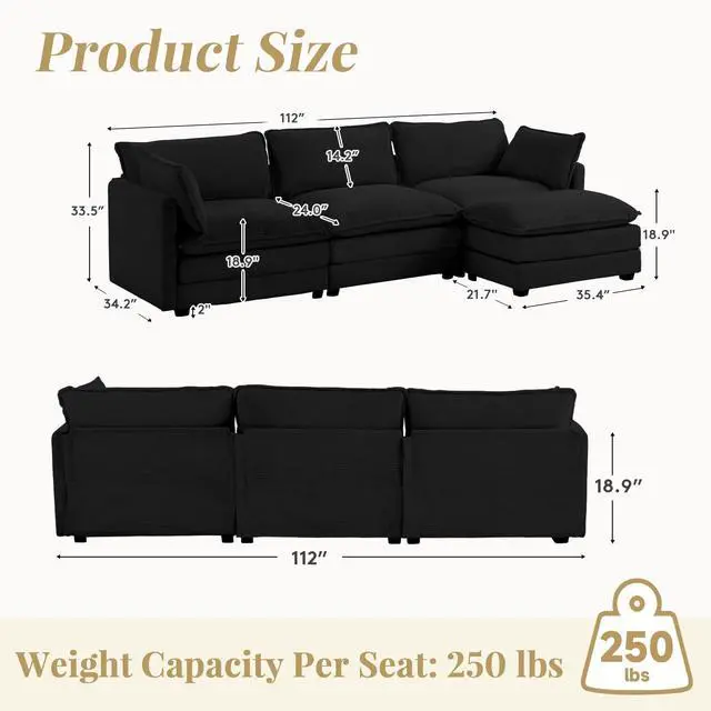 Alt view image 2 of 7 - 112'' Sectional Modular Cloud Couch, Oversized L Shaped 3 Seat Sofa with Movable Ottomans, 2 Throw Pillows, Upholstered Corduroy L Shape Comfy Deep Couches for Living Room and Office, Black