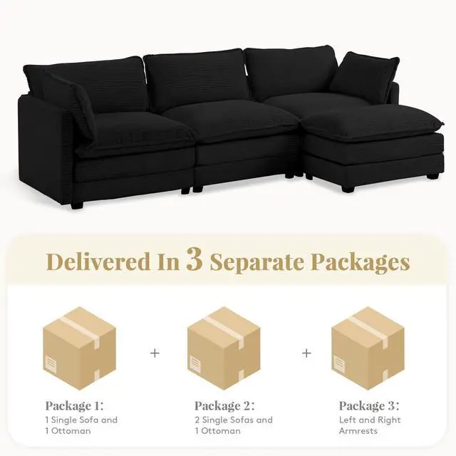 Alt view image 3 of 7 - 112'' Sectional Modular Cloud Couch, Oversized L Shaped 3 Seat Sofa with Movable Ottomans, 2 Throw Pillows, Upholstered Corduroy L Shape Comfy Deep Couches for Living Room and Office, Black