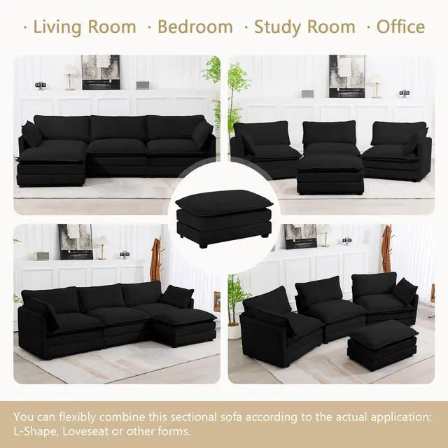Alt view image 4 of 7 - 112'' Sectional Modular Cloud Couch, Oversized L Shaped 3 Seat Sofa with Movable Ottomans, 2 Throw Pillows, Upholstered Corduroy L Shape Comfy Deep Couches for Living Room and Office, Black