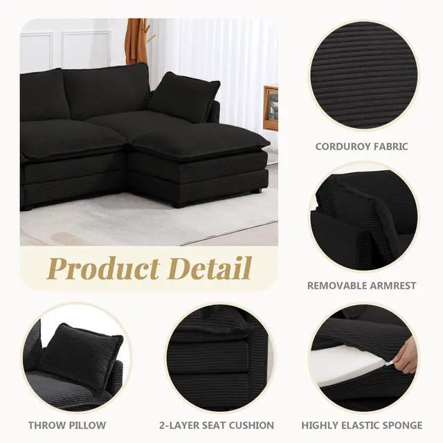 Alt view image 5 of 7 - 112'' Sectional Modular Cloud Couch, Oversized L Shaped 3 Seat Sofa with Movable Ottomans, 2 Throw Pillows, Upholstered Corduroy L Shape Comfy Deep Couches for Living Room and Office, Black