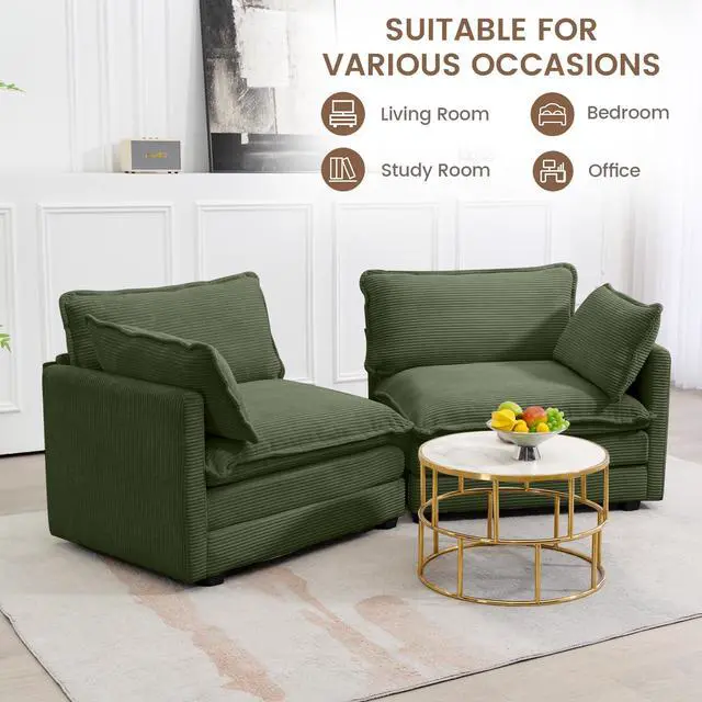 Alt view image 7 of 7 - Sectional 2 Seat Cloud Loveseat with 2 Throw Pillows, Modern Corduroy Love Seat Sleeper Bed, Convertible Cozy Sofa for Living Room and Office, Green