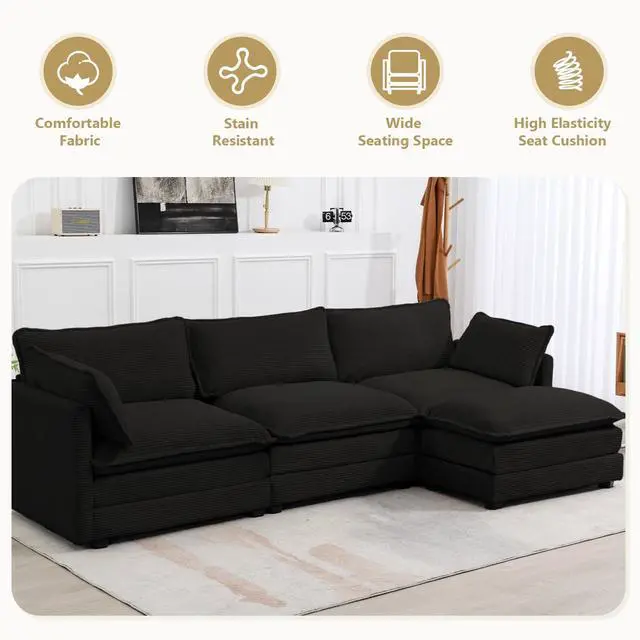 Alt view image 6 of 7 - 112'' Sectional Modular Cloud Couch, Oversized L Shaped 3 Seat Sofa with Movable Ottomans, 2 Throw Pillows, Upholstered Corduroy L Shape Comfy Deep Couches for Living Room and Office, Black