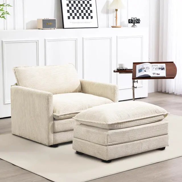 Main image of Single Armchair with Ottoman, Modern Corduroy Cloud Couch with Convertible Chaise, Upholstered Sofa Set for Living Room, Beige