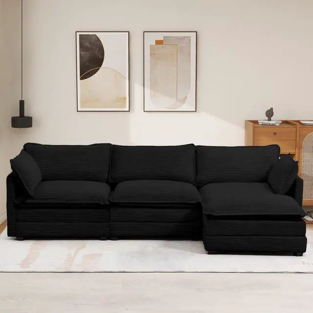 Alt view image 7 of 7 - 112'' Sectional Modular Cloud Couch, Oversized L Shaped 3 Seat Sofa with Movable Ottomans, 2 Throw Pillows, Upholstered Corduroy L Shape Comfy Deep Couches for Living Room and Office, Black