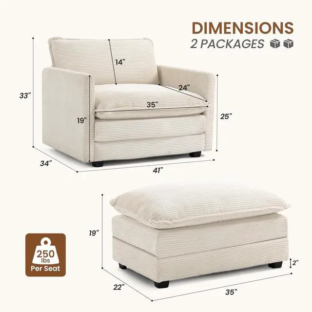Alt view image 2 of 6 - Single Armchair with Ottoman, Modern Corduroy Cloud Couch with Convertible Chaise, Upholstered Sofa Set for Living Room, Beige