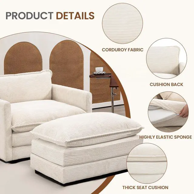 Alt view image 3 of 6 - Single Armchair with Ottoman, Modern Corduroy Cloud Couch with Convertible Chaise, Upholstered Sofa Set for Living Room, Beige