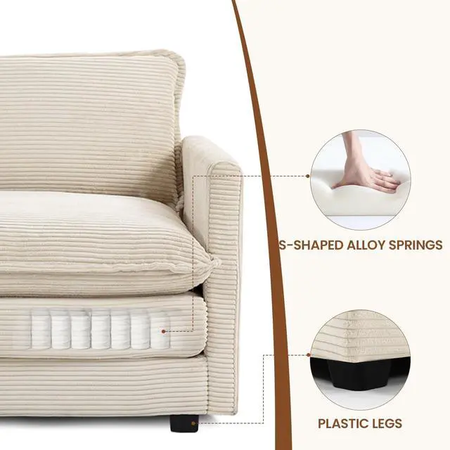 Alt view image 4 of 6 - Single Armchair with Ottoman, Modern Corduroy Cloud Couch with Convertible Chaise, Upholstered Sofa Set for Living Room, Beige