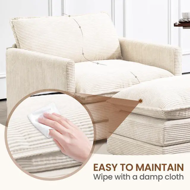 Alt view image 5 of 6 - Single Armchair with Ottoman, Modern Corduroy Cloud Couch with Convertible Chaise, Upholstered Sofa Set for Living Room, Beige