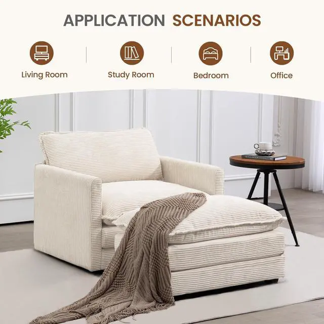 Alt view image 6 of 6 - Single Armchair with Ottoman, Modern Corduroy Cloud Couch with Convertible Chaise, Upholstered Sofa Set for Living Room, Beige