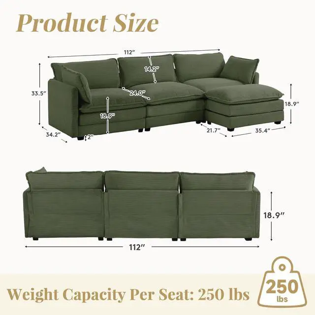 Alt view image 2 of 7 - 112'' Sectional Modular Cloud Couch, Oversized L Shaped 3 Seat Sofa with Movable Ottomans, 2 Throw Pillows, Upholstered Corduroy L Shape Comfy Deep Couches for Living Room and Office, Green