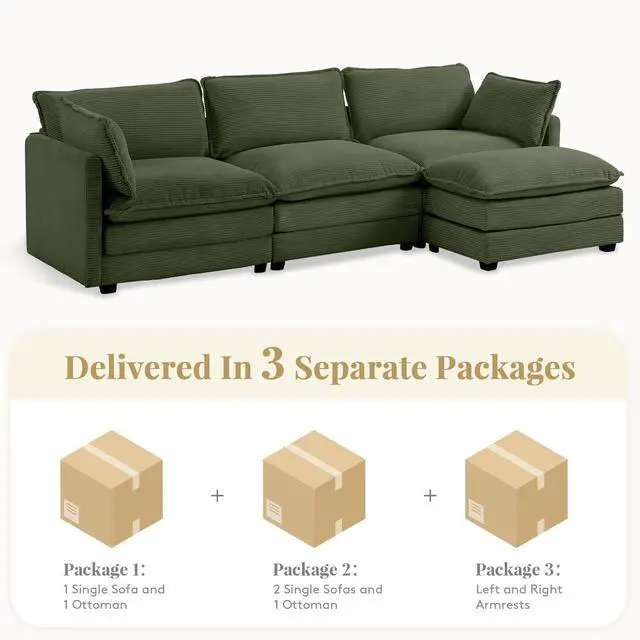 Alt view image 3 of 7 - 112'' Sectional Modular Cloud Couch, Oversized L Shaped 3 Seat Sofa with Movable Ottomans, 2 Throw Pillows, Upholstered Corduroy L Shape Comfy Deep Couches for Living Room and Office, Green