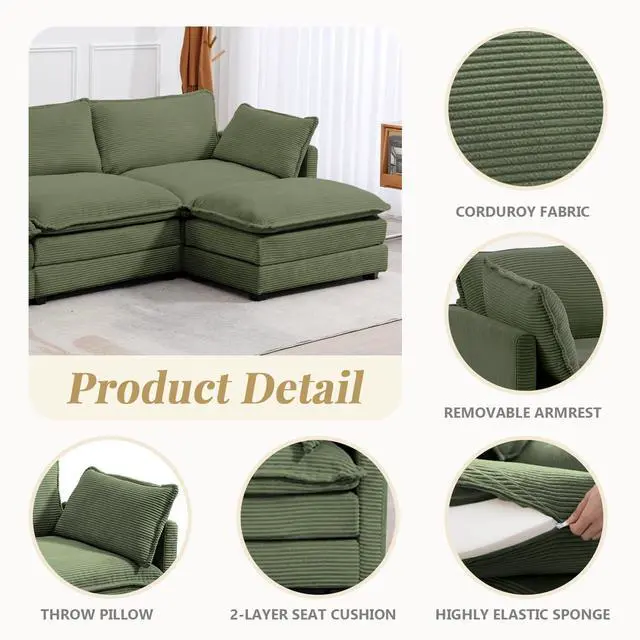 Alt view image 4 of 7 - 112'' Sectional Modular Cloud Couch, Oversized L Shaped 3 Seat Sofa with Movable Ottomans, 2 Throw Pillows, Upholstered Corduroy L Shape Comfy Deep Couches for Living Room and Office, Green