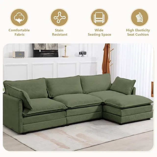 Alt view image 5 of 7 - 112'' Sectional Modular Cloud Couch, Oversized L Shaped 3 Seat Sofa with Movable Ottomans, 2 Throw Pillows, Upholstered Corduroy L Shape Comfy Deep Couches for Living Room and Office, Green