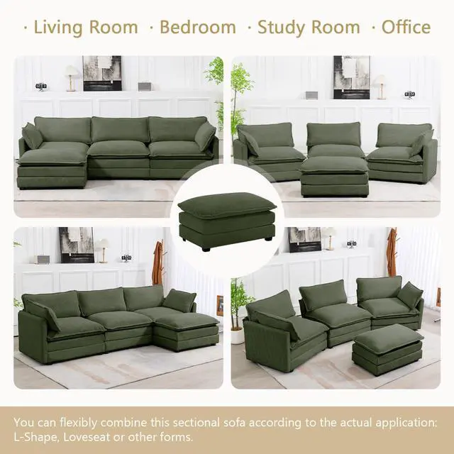Alt view image 6 of 7 - 112'' Sectional Modular Cloud Couch, Oversized L Shaped 3 Seat Sofa with Movable Ottomans, 2 Throw Pillows, Upholstered Corduroy L Shape Comfy Deep Couches for Living Room and Office, Green