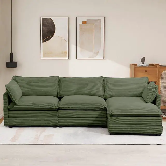 Alt view image 7 of 7 - 112'' Sectional Modular Cloud Couch, Oversized L Shaped 3 Seat Sofa with Movable Ottomans, 2 Throw Pillows, Upholstered Corduroy L Shape Comfy Deep Couches for Living Room and Office, Green