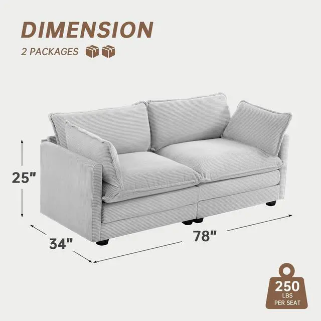 Alt view image 2 of 6 - 78'' Sectional 2 Seat Cloud Loveseat with 2 Throw Pillows, Modern Corduroy Love Seat, Cozy Sofa for Living Room, Office and Bedroom, Light Grey