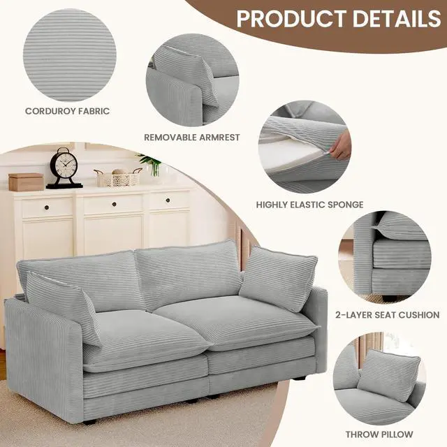 Alt view image 3 of 6 - 78'' Sectional 2 Seat Cloud Loveseat with 2 Throw Pillows, Modern Corduroy Love Seat, Cozy Sofa for Living Room, Office and Bedroom, Light Grey