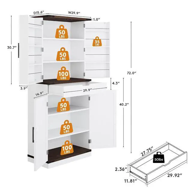 Alt view image 2 of 7 - 72" Kitchen Pantry Storage Cabinet with Doors and Shelves, Wood Farmhouse Pantry Storage with Barn Doors for Kitchen, Dining Room, Living Room
