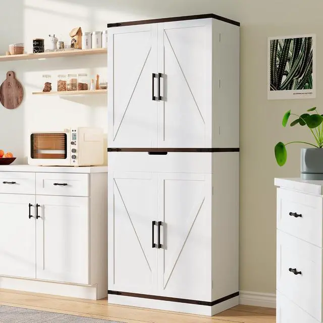 Alt view image 3 of 7 - 72" Kitchen Pantry Storage Cabinet with Doors and Shelves, Wood Farmhouse Pantry Storage with Barn Doors for Kitchen, Dining Room, Living Room