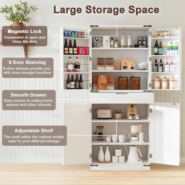 Alt view image 4 of 7 - 72" Kitchen Pantry Storage Cabinet with Doors and Shelves, Wood Farmhouse Pantry Storage with Barn Doors for Kitchen, Dining Room, Living Room