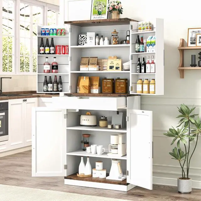 Alt view image 6 of 7 - 72" Kitchen Pantry Storage Cabinet with Doors and Shelves, Wood Farmhouse Pantry Storage with Barn Doors for Kitchen, Dining Room, Living Room