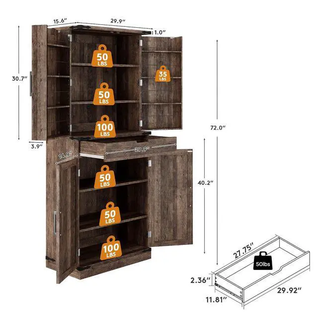 Alt view image 2 of 7 - 72" Kitchen Pantry Storage Cabinet with Doors and Shelves, Wood Farmhouse Pantry Storage with Barn Doors for Kitchen, Dining Room, Living Room, Dark Brown