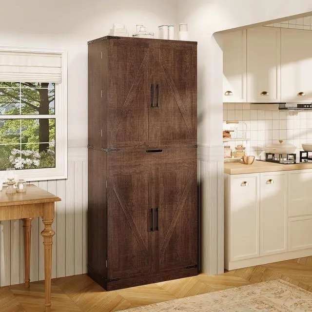 Alt view image 3 of 7 - 72" Kitchen Pantry Storage Cabinet with Doors and Shelves, Wood Farmhouse Pantry Storage with Barn Doors for Kitchen, Dining Room, Living Room, Dark Brown