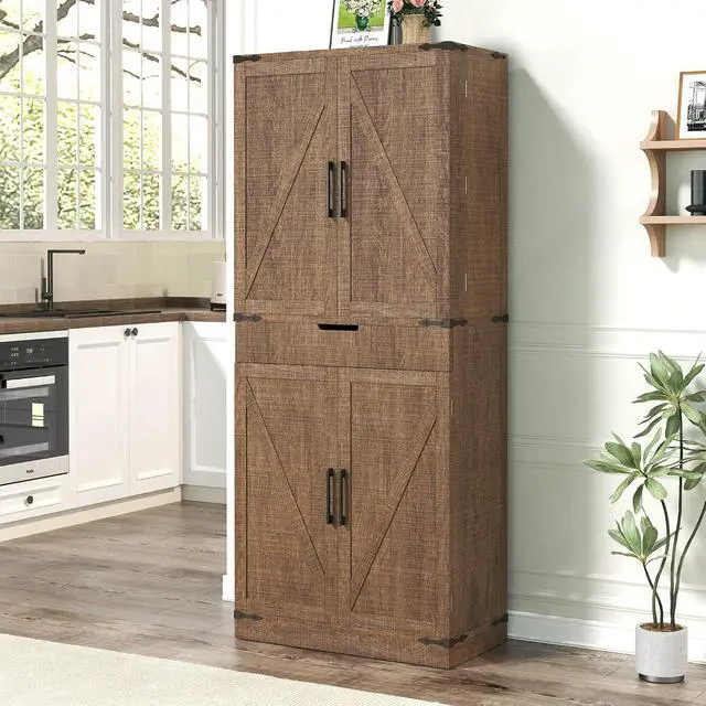 Alt view image 5 of 7 - 72" Kitchen Pantry Storage Cabinet with Doors and Shelves, Wood Farmhouse Pantry Storage with Barn Doors for Kitchen, Dining Room, Living Room, Dark Brown