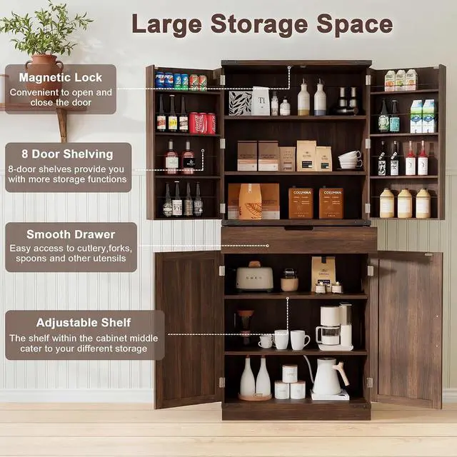 Alt view image 4 of 7 - 72" Kitchen Pantry Storage Cabinet with Doors and Shelves, Wood Farmhouse Pantry Storage with Barn Doors for Kitchen, Dining Room, Living Room, Dark Brown