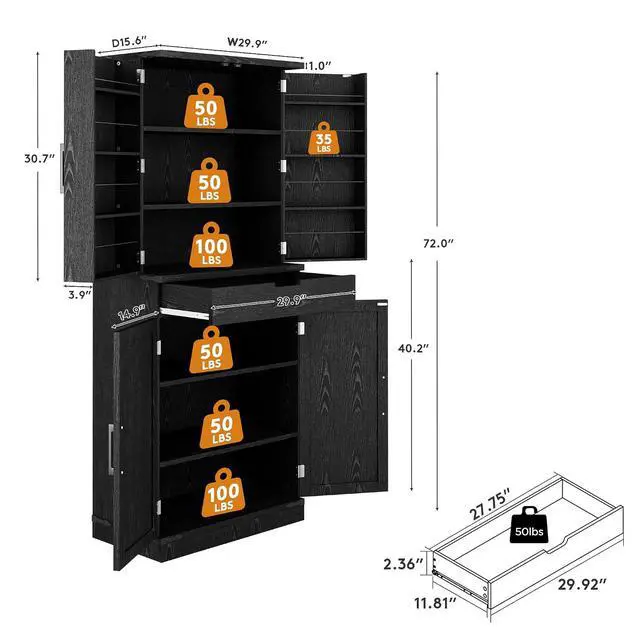 Alt view image 2 of 7 - 72" Tall Storage Cabinet, Kitchen Pantry Cabinet with Adjustable Shelves & Sturdy Steel Frame, Farmhouse Pantry Storage with 4 Barn Doors for Kitchen, Dining Room, and Living Room, Black