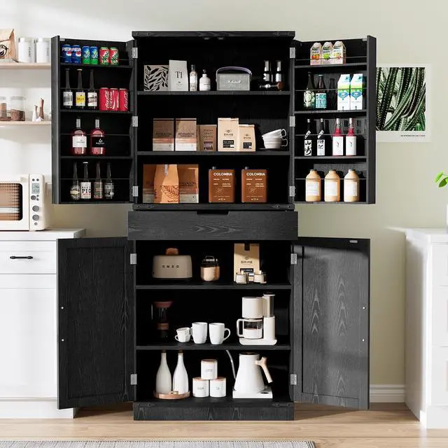 Main image of 72" Tall Storage Cabinet, Kitchen Pantry Cabinet with Adjustable Shelves & Sturdy Steel Frame, Farmhouse Pantry Storage with 4 Barn Doors for Kitchen, Dining Room, and Living Room, Black