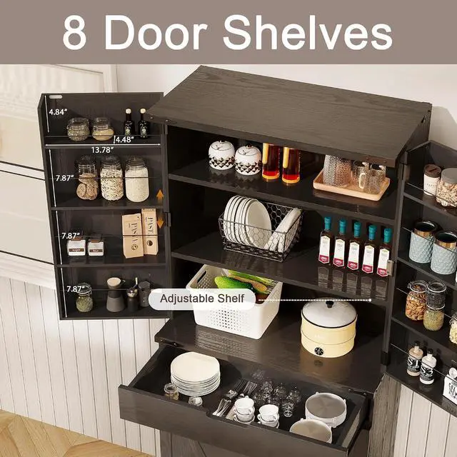 Alt view image 7 of 7 - 72" Kitchen Pantry Storage Cabinet with Doors and Shelves, Wood Farmhouse Pantry Storage with Barn Doors for Kitchen, Dining Room, Living Room, Dark Brown