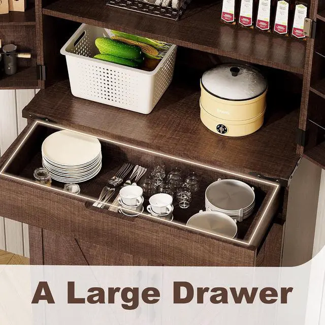 Alt view image 6 of 7 - 72" Kitchen Pantry Storage Cabinet with Doors and Shelves, Wood Farmhouse Pantry Storage with Barn Doors for Kitchen, Dining Room, Living Room, Dark Brown