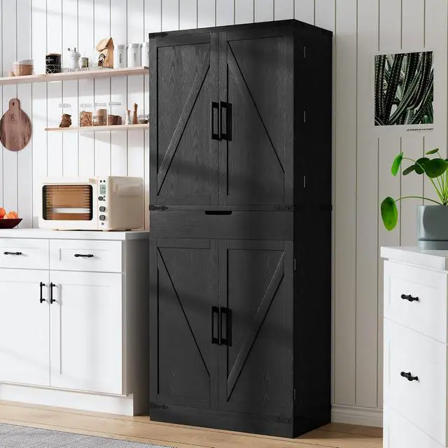 Alt view image 3 of 7 - 72" Tall Storage Cabinet, Kitchen Pantry Cabinet with Adjustable Shelves & Sturdy Steel Frame, Farmhouse Pantry Storage with 4 Barn Doors for Kitchen, Dining Room, and Living Room, Black