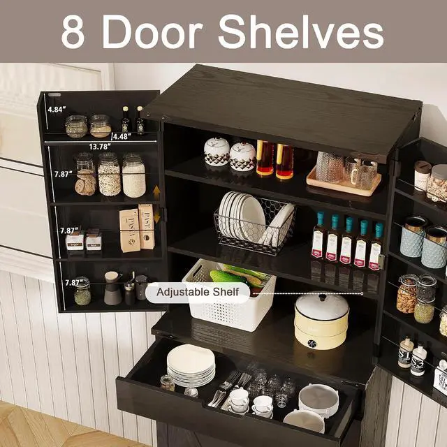 Alt view image 5 of 7 - 72" Tall Storage Cabinet, Kitchen Pantry Cabinet with Adjustable Shelves & Sturdy Steel Frame, Farmhouse Pantry Storage with 4 Barn Doors for Kitchen, Dining Room, and Living Room, Black