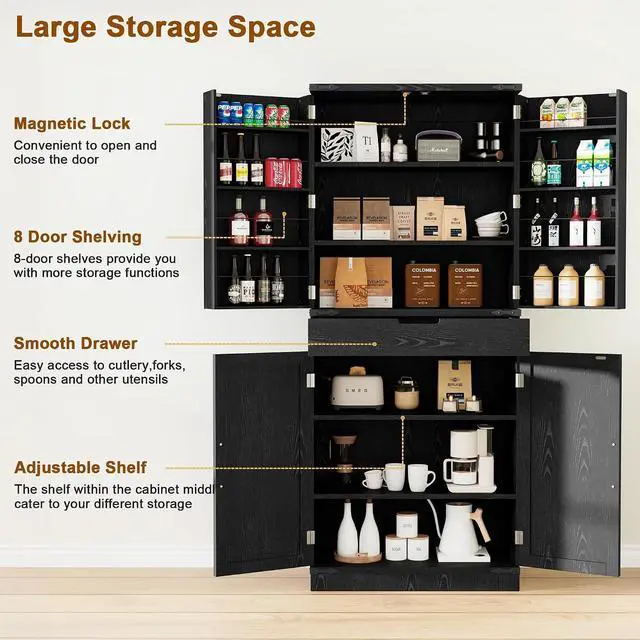 Alt view image 4 of 7 - 72" Tall Storage Cabinet, Kitchen Pantry Cabinet with Adjustable Shelves & Sturdy Steel Frame, Farmhouse Pantry Storage with 4 Barn Doors for Kitchen, Dining Room, and Living Room, Black