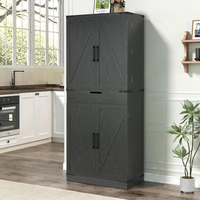 Alt view image 7 of 7 - 72" Tall Storage Cabinet, Kitchen Pantry Cabinet with Adjustable Shelves & Sturdy Steel Frame, Farmhouse Pantry Storage with 4 Barn Doors for Kitchen, Dining Room, and Living Room, Black
