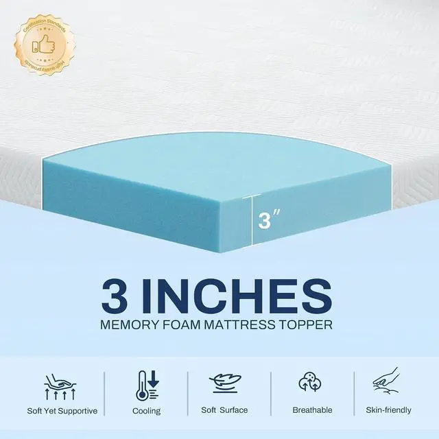 Alt view image 2 of 7 - 3 Inch Memory Foam Mattress Topper, Gel Foam Bed Topper with Adjustable Straps, Breathable Washable Cover, Non Slip Bottom, Soft Supportive, Queen