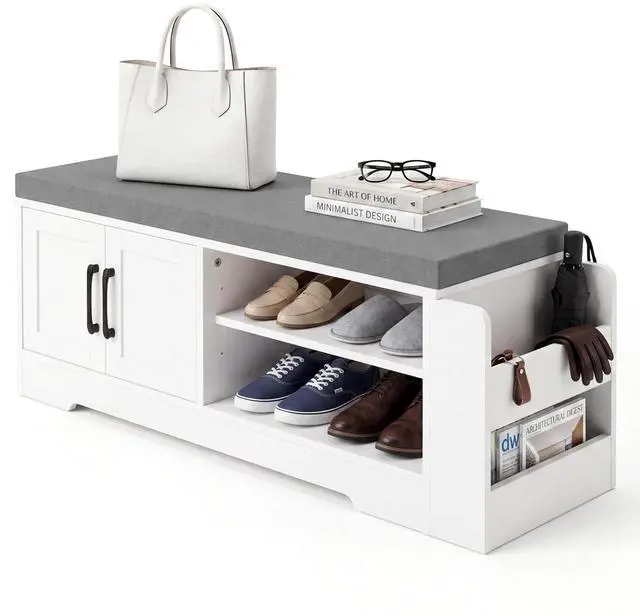 Main image of 39.6" Shoe Storage Bench with Cushion, Entryway Shoe Cabinet, White | 3-in-1 Shoe Storage Bench, Adjustable Shelves, Removable Cushion, 300 lbs Capacity, Entryway, Apartment, Families