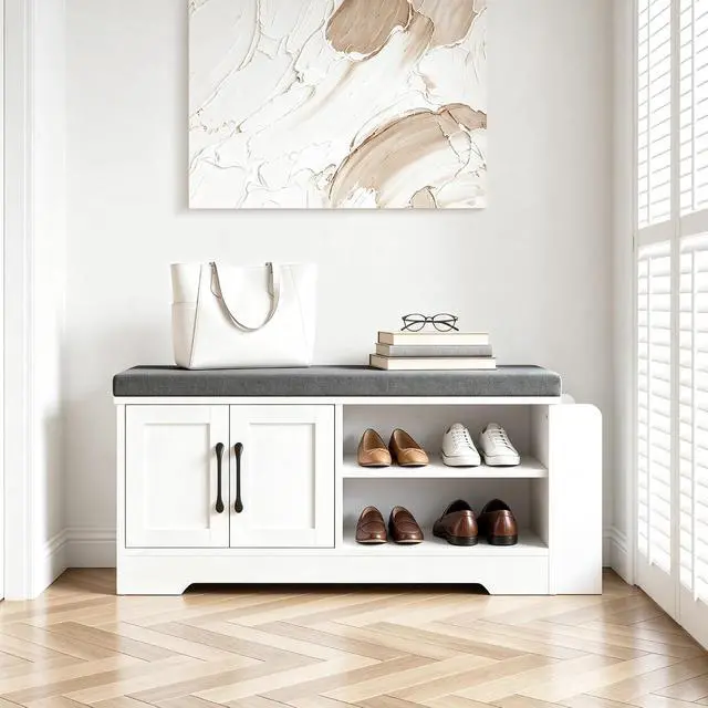 Alt view image 2 of 7 - 39.6" Shoe Storage Bench with Cushion, Entryway Shoe Cabinet, White | 3-in-1 Shoe Storage Bench, Adjustable Shelves, Removable Cushion, 300 lbs Capacity, Entryway, Apartment, Families