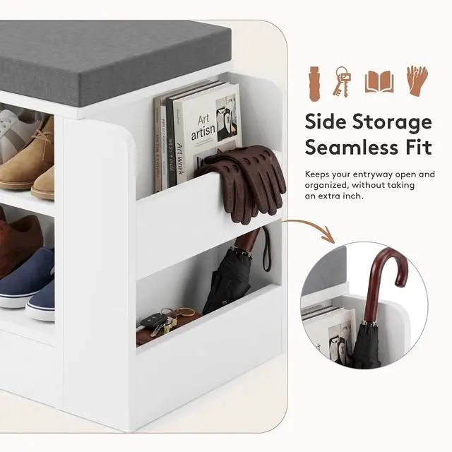 Alt view image 4 of 7 - 39.6" Shoe Storage Bench with Cushion, Entryway Shoe Cabinet, White | 3-in-1 Shoe Storage Bench, Adjustable Shelves, Removable Cushion, 300 lbs Capacity, Entryway, Apartment, Families