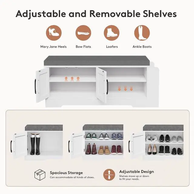 Alt view image 5 of 7 - 39.6" Shoe Storage Bench with Cushion, Entryway Shoe Cabinet, White | 3-in-1 Shoe Storage Bench, Adjustable Shelves, Removable Cushion, 300 lbs Capacity, Entryway, Apartment, Families