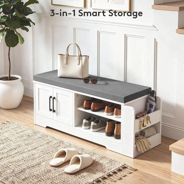 Alt view image 6 of 7 - 39.6" Shoe Storage Bench with Cushion, Entryway Shoe Cabinet, White | 3-in-1 Shoe Storage Bench, Adjustable Shelves, Removable Cushion, 300 lbs Capacity, Entryway, Apartment, Families